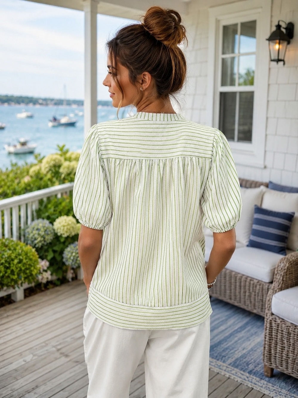 Light Green Striped Puff-Sleeve Top - Women's Casual Summer Blouse - Picture 3 of 3